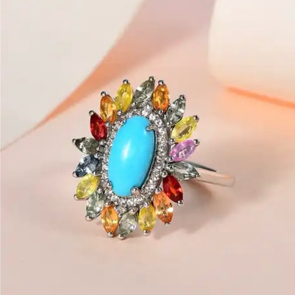 Premium Sleeping Beauty Turquoise, Multi Sapphire and Zircon Ring.  NWT